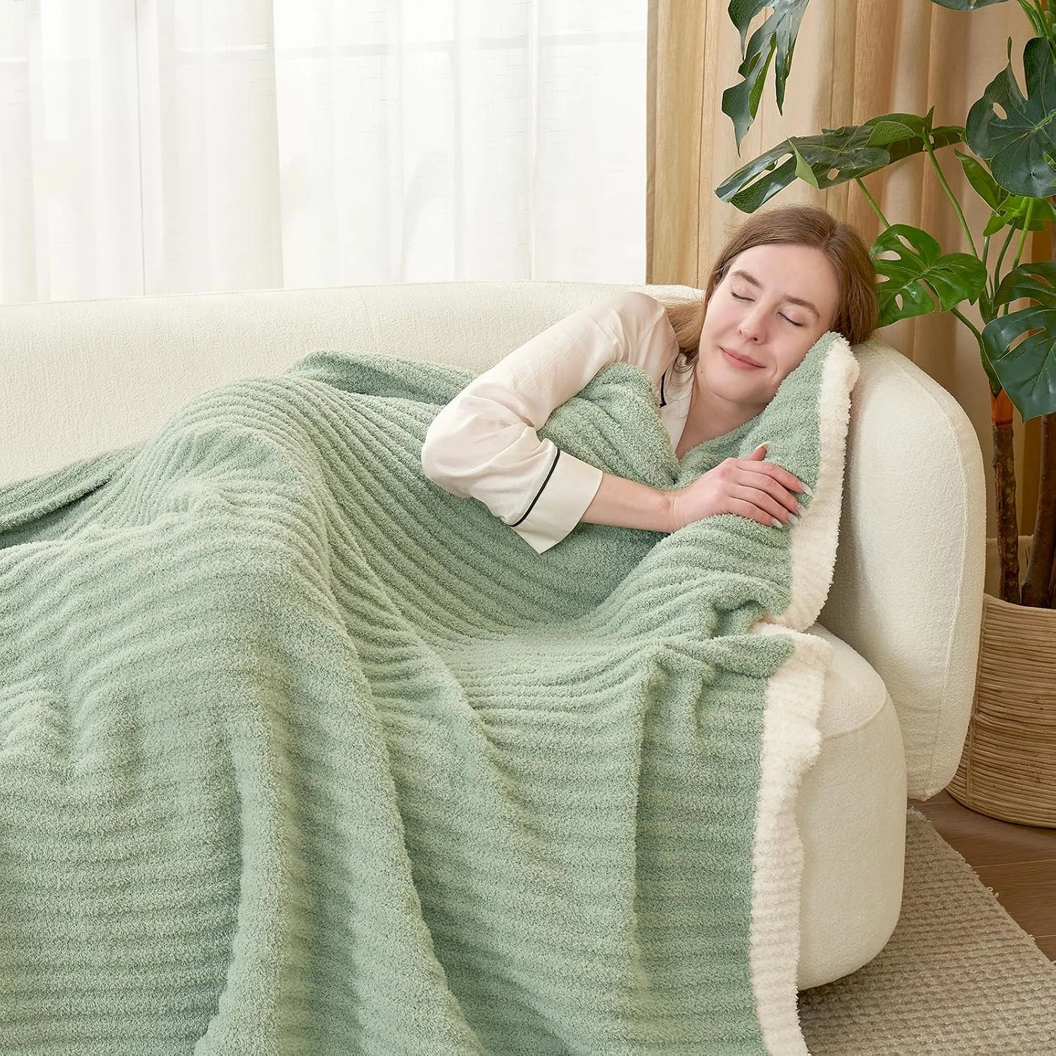 Snuggle Sac Fluffy Ribbed Throw Blanket for Couch, Sage Green, Microfiber Knit Throws for Sofa, Soft Luxurious Fuzzy Warm Blankets for Sofa, Bed, Travel, Sage Green, 50x60 inches