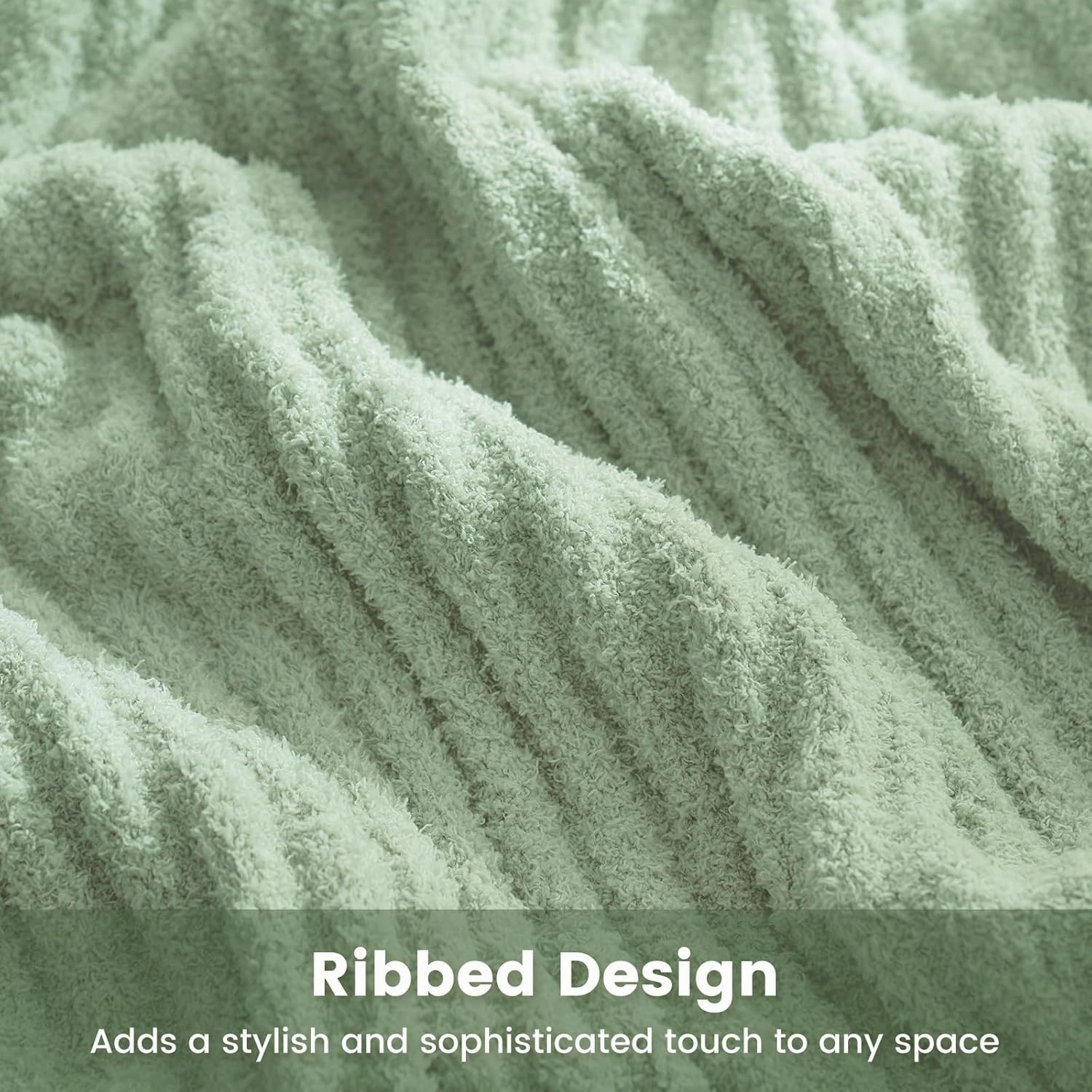 Snuggle Sac Fluffy Ribbed Throw Blanket for Couch, Sage Green, Microfiber Knit Throws for Sofa, Soft Luxurious Fuzzy Warm Blankets for Sofa, Bed, Travel, Sage Green, 50x60 inches
