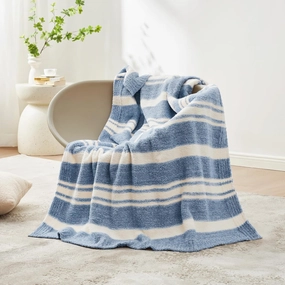 Snuggle Sac Knitted Throw Blanket for Couch, Reversible Super Soft Microfiber Blankets Warm Cozy Knit Fuzzy Plush Lightweight Throws for Sofa, Bed, Camping, Picnic, Stripe Blue, 50 x 60 inches