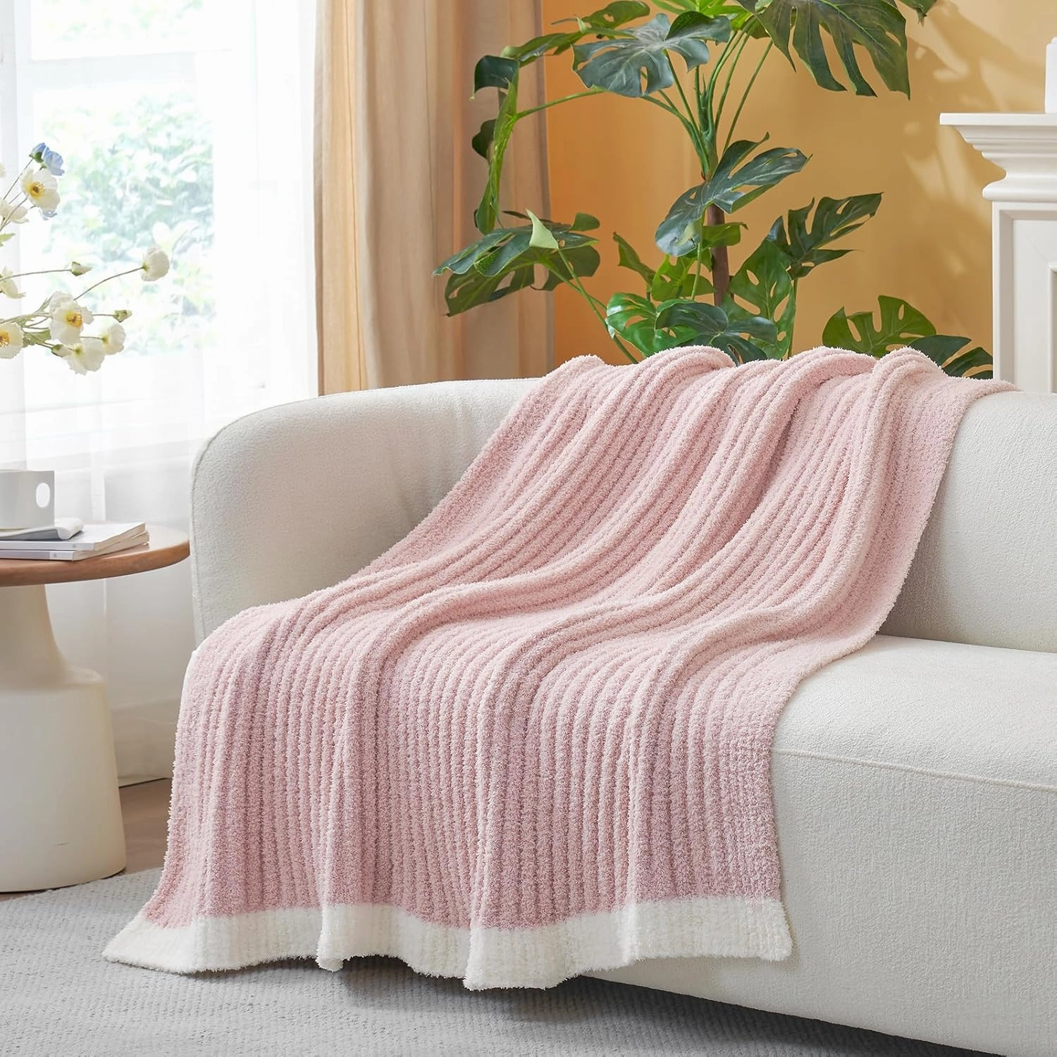 Snuggle Sac Ribbed Pink Throw Blanket for Couch, Ultra Soft Fluffy Knitted Throws, Fuzzy Cozy Warm Microfiber Knit Blankets for Women, for Mom, Pink, 50x60 inches