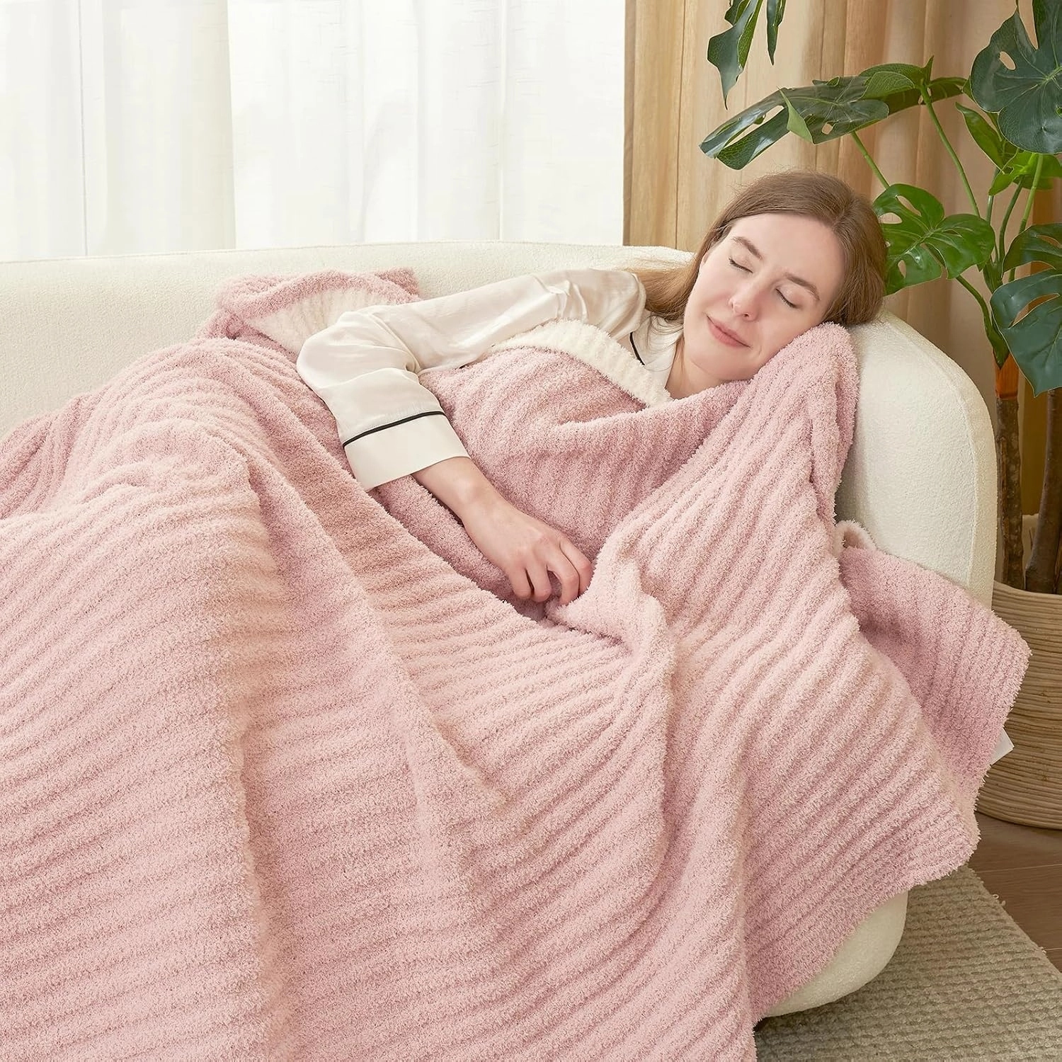 Snuggle Sac Ribbed Pink Throw Blanket for Couch, Ultra Soft Fluffy Knitted Throws, Fuzzy Cozy Warm Microfiber Knit Blankets for Women, for Mom, Pink, 50x60 inches
