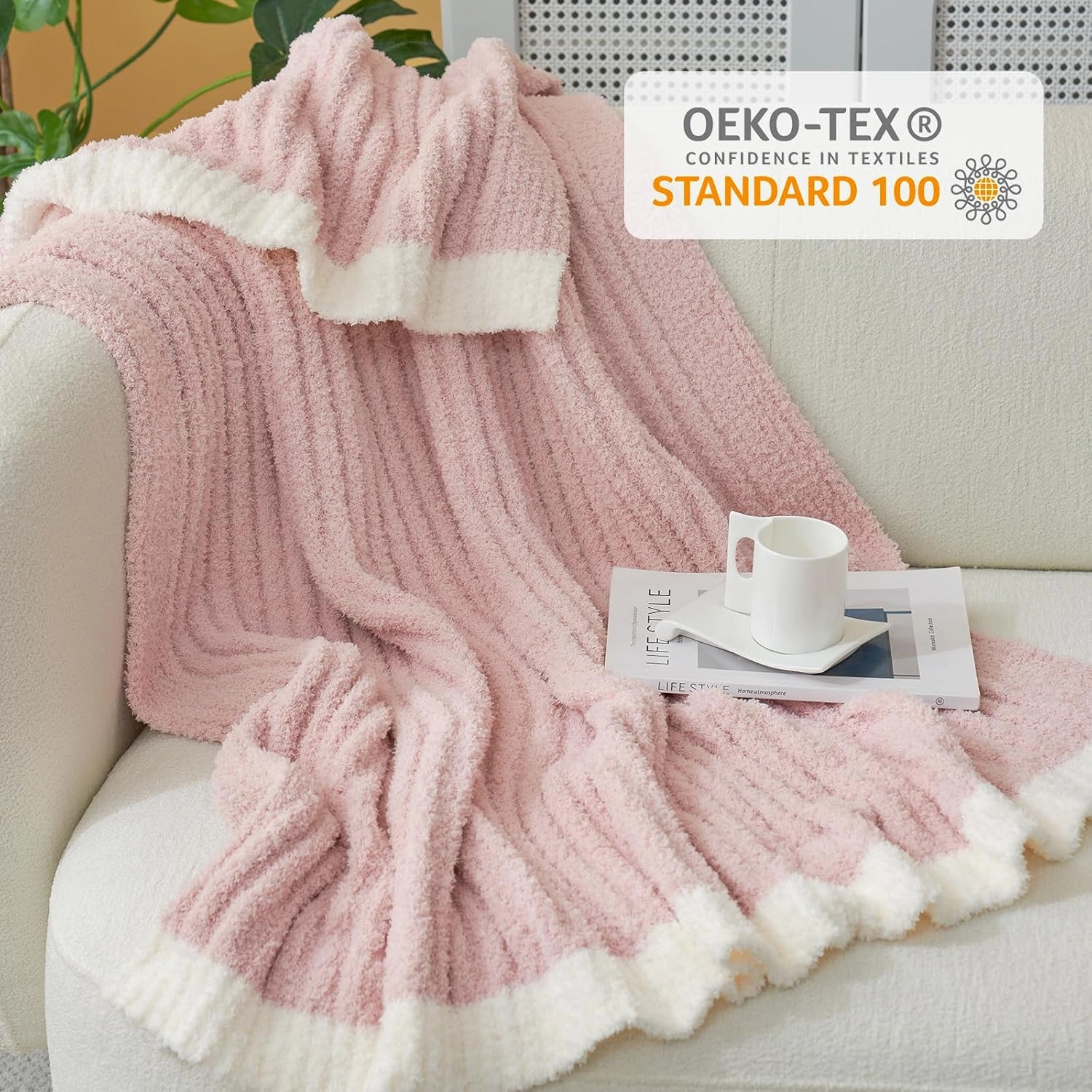 Snuggle Sac Ribbed Pink Throw Blanket for Couch, Ultra Soft Fluffy Knitted Throws, Fuzzy Cozy Warm Microfiber Knit Blankets for Women, for Mom, Pink, 50x60 inches