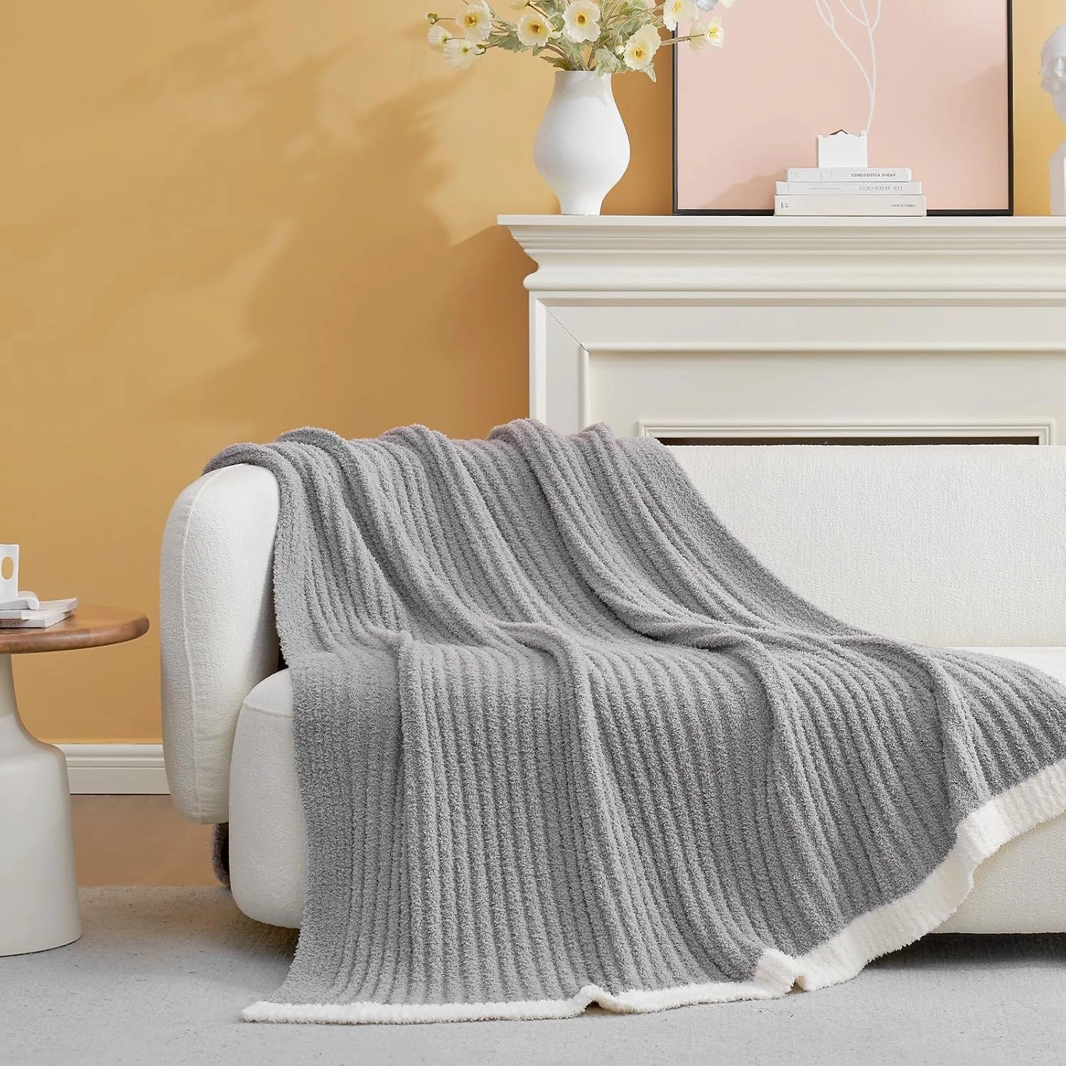 Snuggle Sac Soft Ribbed Throw Blanket for Couch, Microfiber Fluffy Knit Throws, Luxurious Fuzzy Blankets for Couch, Sofa, Travel, Grey, 50x60 inches