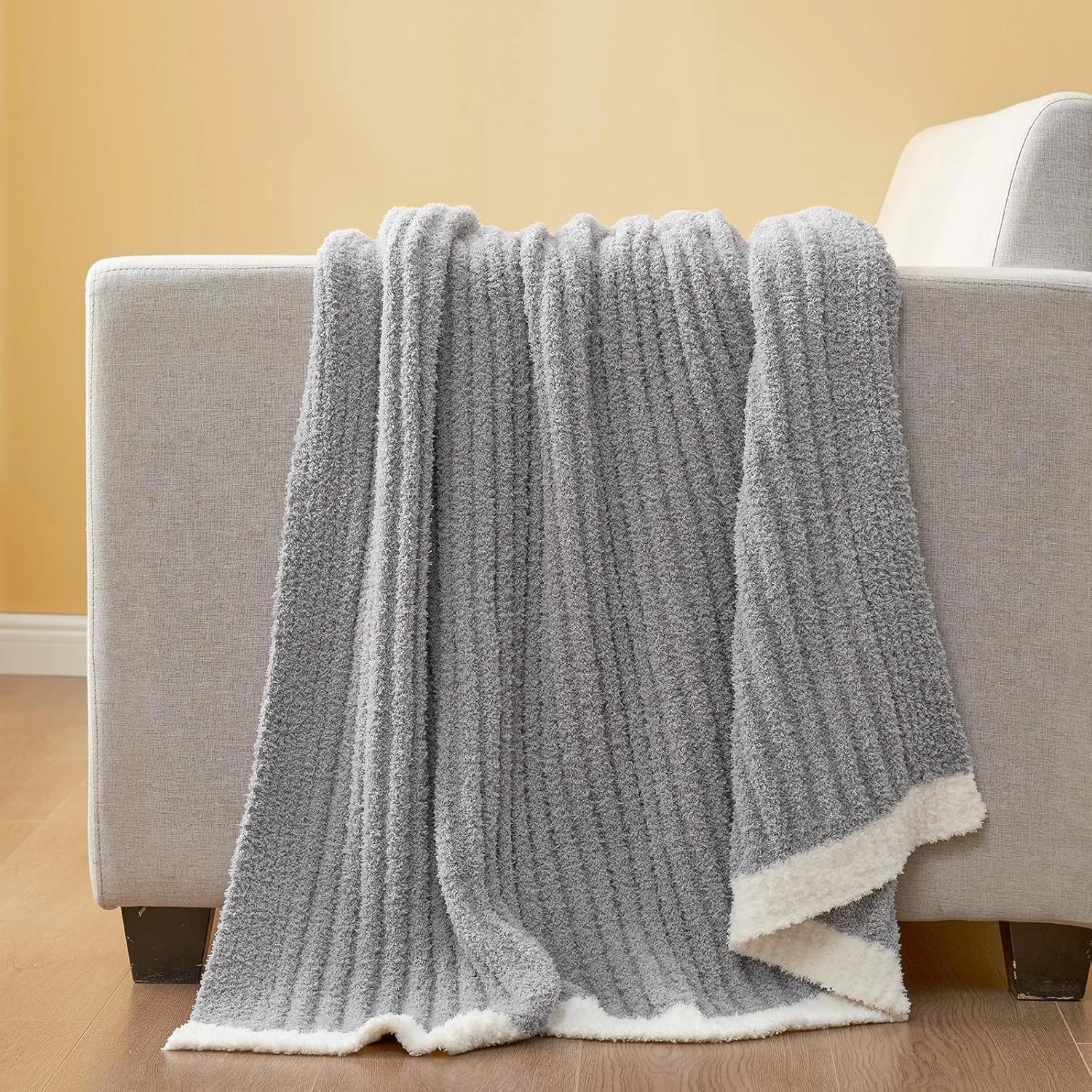 Snuggle Sac Soft Ribbed Throw Blanket for Couch, Microfiber Fluffy Knit Throws, Luxurious Fuzzy Blankets for Couch, Sofa, Travel, Grey, 50x60 inches