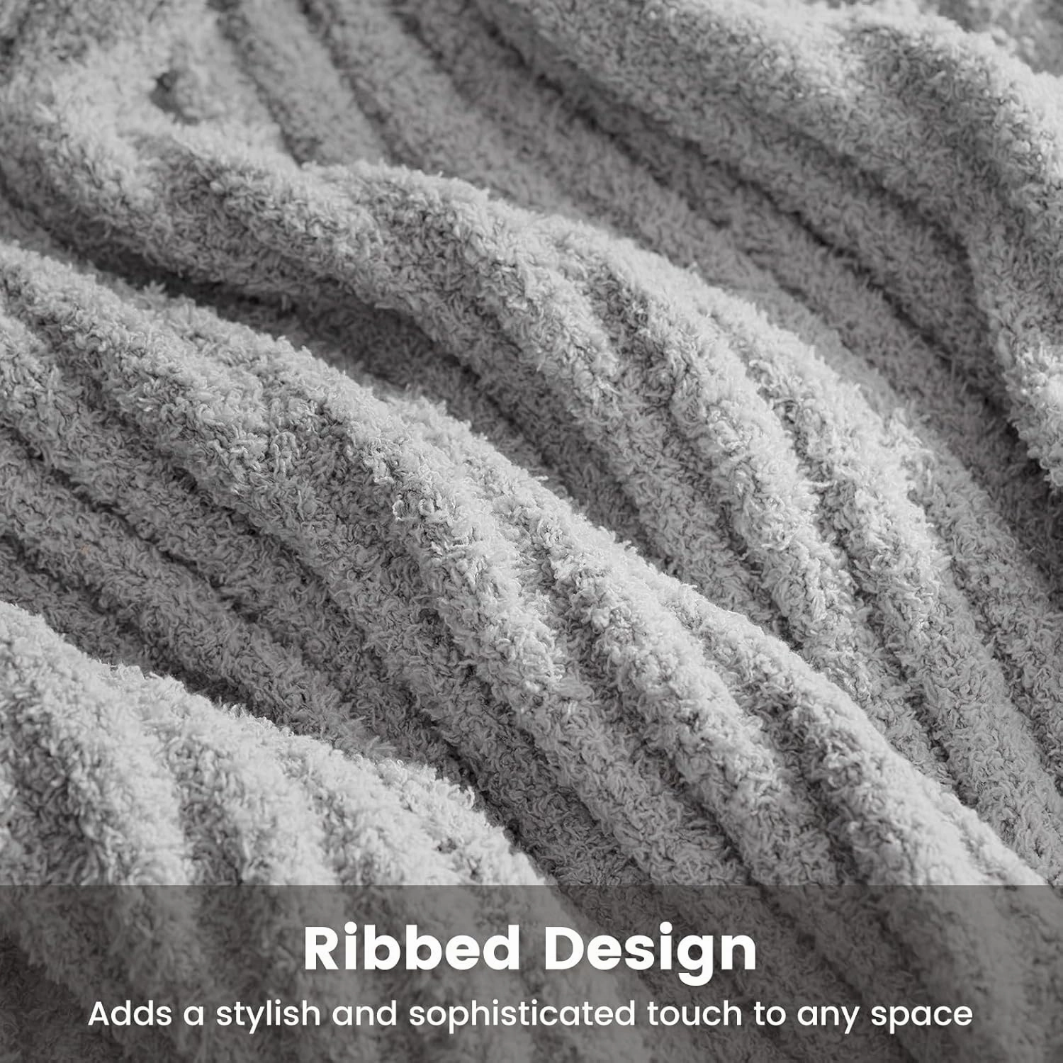 Snuggle Sac Soft Ribbed Throw Blanket for Couch, Microfiber Fluffy Knit Throws, Luxurious Fuzzy Blankets for Couch, Sofa, Travel, Grey, 50x60 inches