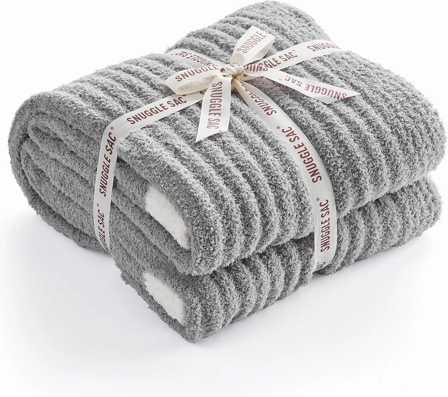 Snuggle Sac Soft Ribbed Throw Blanket for Couch, Microfiber Fluffy Knit Throws, Luxurious Fuzzy Blankets for Couch, Sofa, Travel, Grey, 50x60 inches