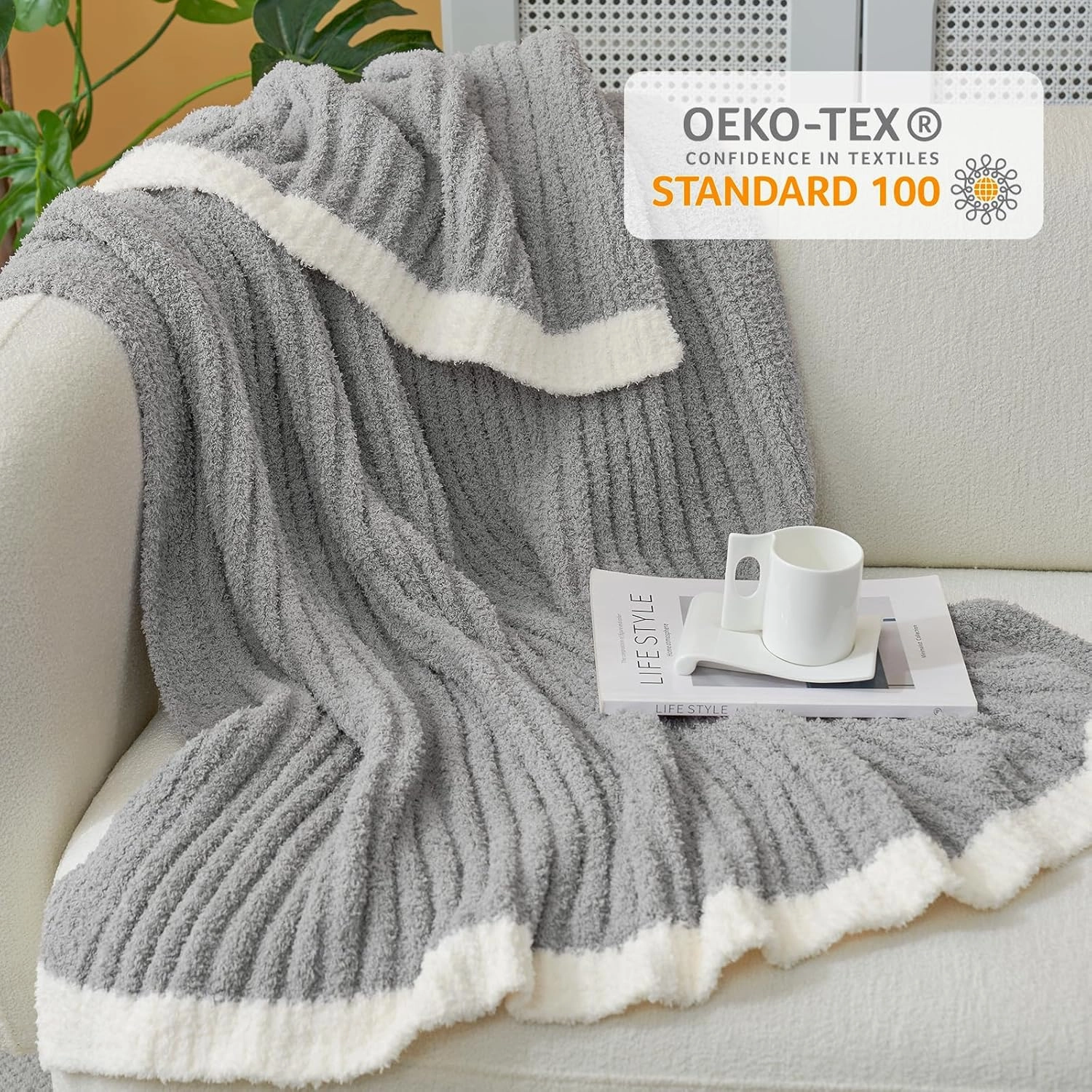 Snuggle Sac Soft Ribbed Throw Blanket for Couch, Microfiber Fluffy Knit Throws, Luxurious Fuzzy Blankets for Couch, Sofa, Travel, Grey, 50x60 inches