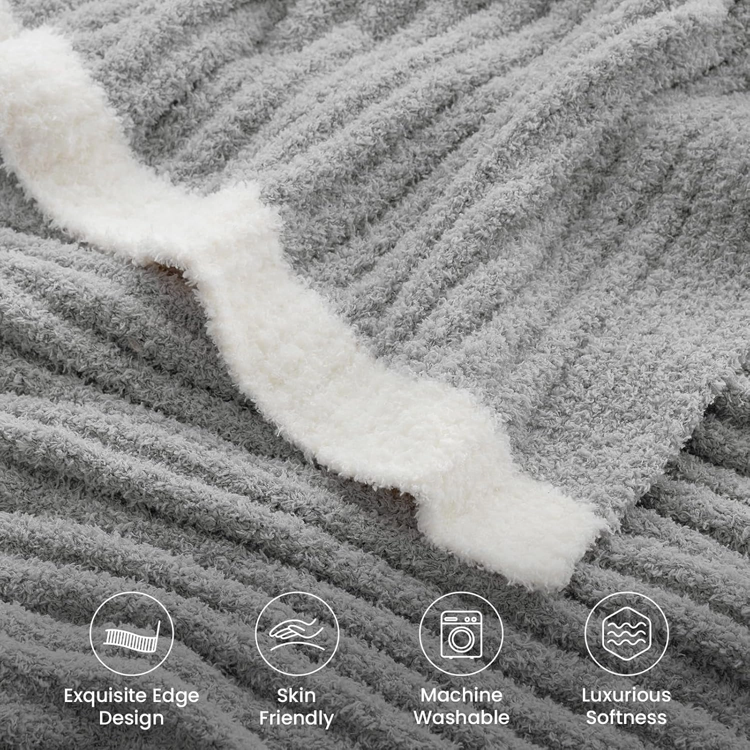 Snuggle Sac Soft Ribbed Throw Blanket for Couch, Microfiber Fluffy Knit Throws, Luxurious Fuzzy Blankets for Couch, Sofa, Travel, Grey, 50x60 inches