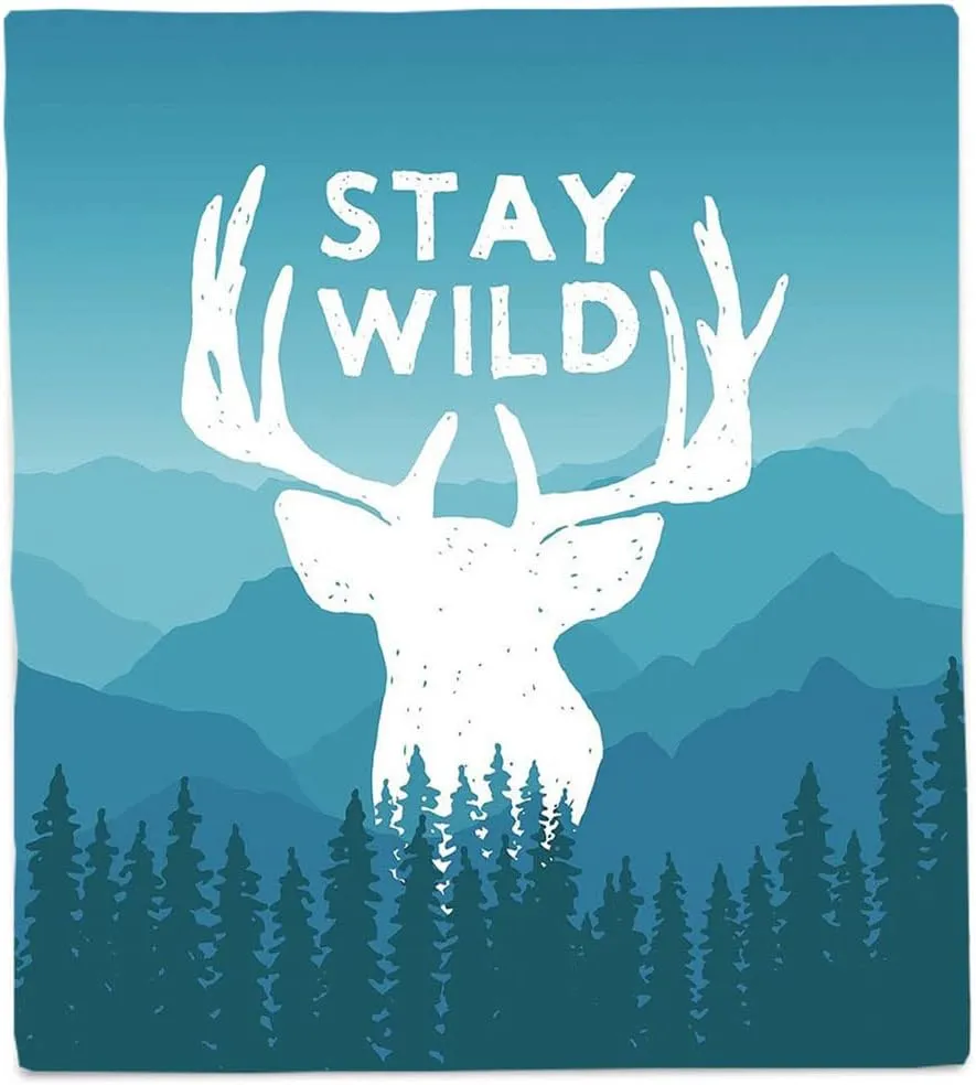 Sofa Blanket Fall, Adventure Bed Blanket Twin, Wilderness Themed Stay Wild Quote Mountain, Fluffy And Comfortable, 60 x 80inches, Blankets for Bed Couch Chair Car Living Room, Baby Blue Dark Blue