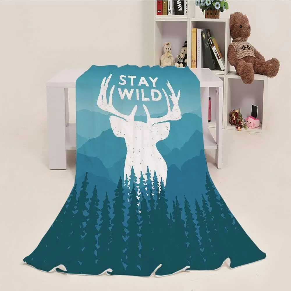 Sofa Blanket Fall, Adventure Bed Blanket Twin, Wilderness Themed Stay Wild Quote Mountain, Fluffy And Comfortable, 60 x 80inches, Blankets for Bed Couch Chair Car Living Room, Baby Blue Dark Blue