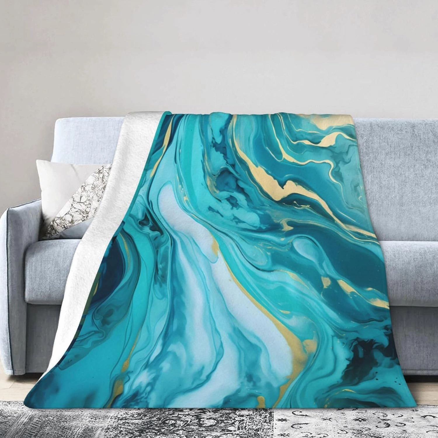 Soft Warm Throw Blanket for Couch Living Room Abstract Teal and Blue Marble Print Cozy Fuzzy Throw Blanket for Sofa Bed Blanket 80"x60"