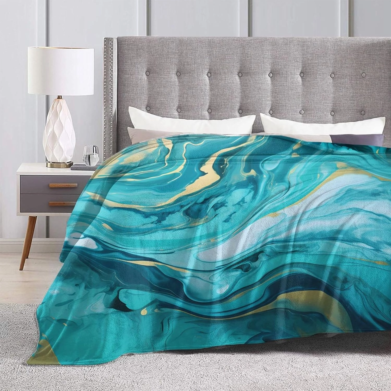 Soft Warm Throw Blanket for Couch Living Room Abstract Teal and Blue Marble Print Cozy Fuzzy Throw Blanket for Sofa Bed Blanket 80"x60"