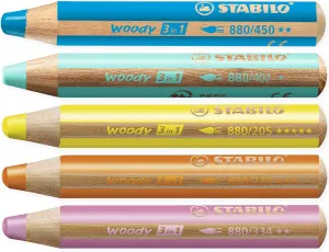 STABILO Multi-talented Pencil woody 3-in-1 - Pastel Box of 5 - Pink, Orange, Yellow, Cyan Blue & Blue   Sharpener