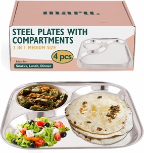Stainless Steel Tableware Compartment Plates | Creative Shapes Plates with Separators | Partition Mess Tray | (2 in 1 Square, 21cm - Set of 4)