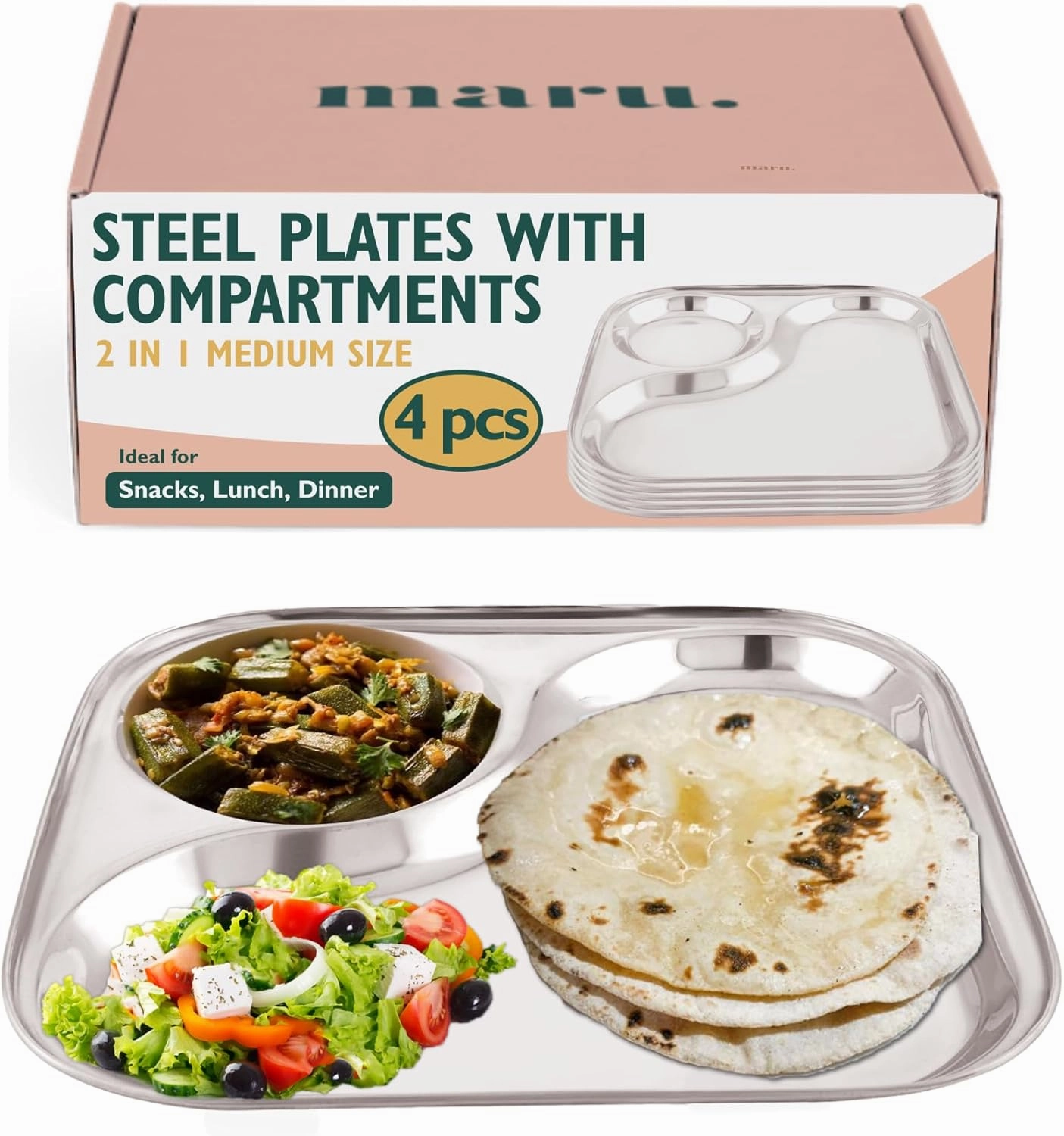 Stainless Steel Tableware Compartment Plates | Creative Shapes Plates with Separators | Partition Mess Tray | (2 in 1 Square, 21cm - Set of 4)