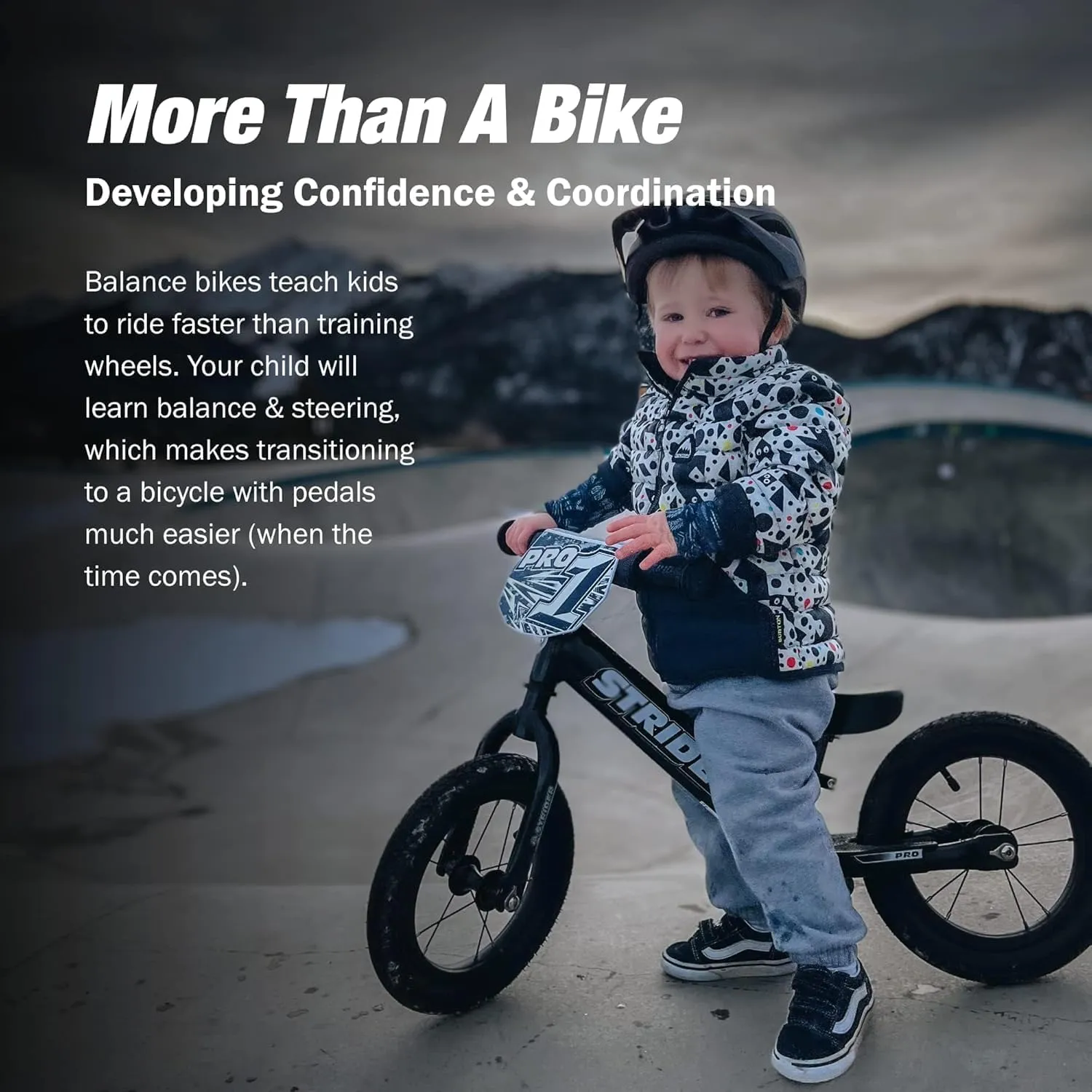 Strider 12” Pro Bike - No Pedal Balance Bicycle for Kids 1 to 4 Years - Includes Safety Pad, Padded Seat, Mini Grips & Flat-Free Tires - Tool Free