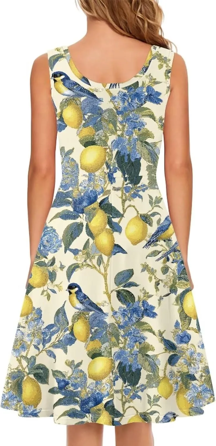Summer Casual Sleeveless Beach Dress for Women 2023 Trendy High Waist Flowy Stretch Sundress with Pockets