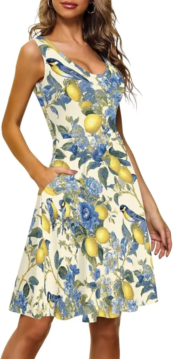 Summer Casual Sleeveless Beach Dress for Women 2023 Trendy High Waist Flowy Stretch Sundress with Pockets