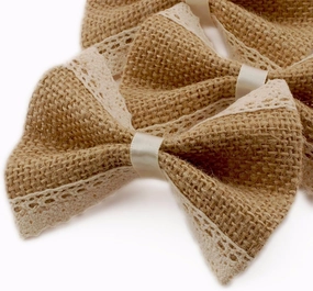 Summer-Ray Handmade Burlap Bows with Lace Edge – Rustic Wedding & Shabby Chic Decorations – Set of 10, 4"x2.75" Natural Jute Ribbon Bows for DIY Crafts, Gift Wrapping, and Party Decor