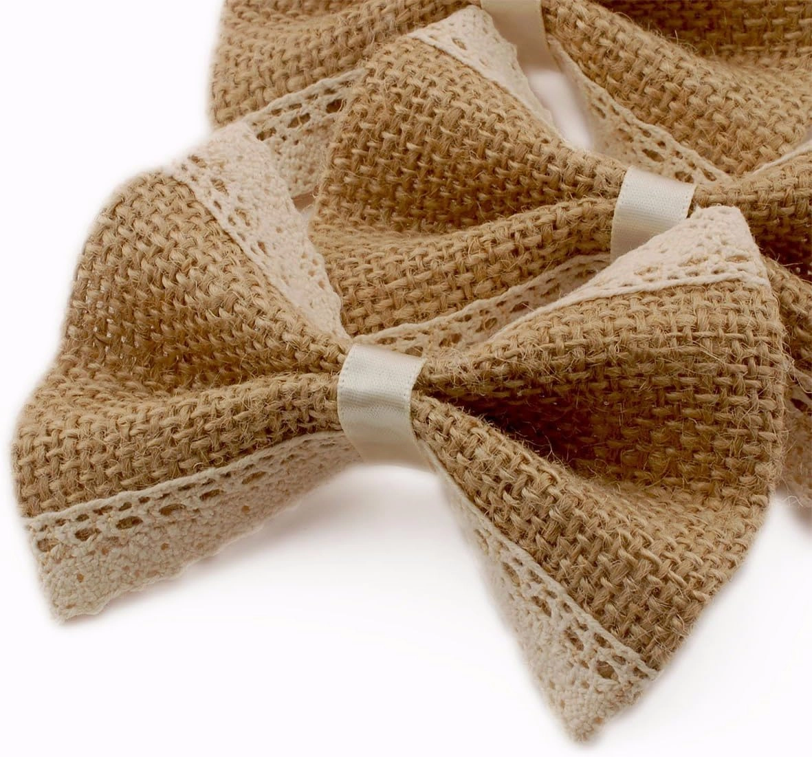 Summer-Ray Handmade Burlap Bows with Lace Edge – Rustic Wedding & Shabby Chic Decorations – Set of 10, 4"x2.75" Natural Jute Ribbon Bows for DIY Crafts, Gift Wrapping, and Party Decor