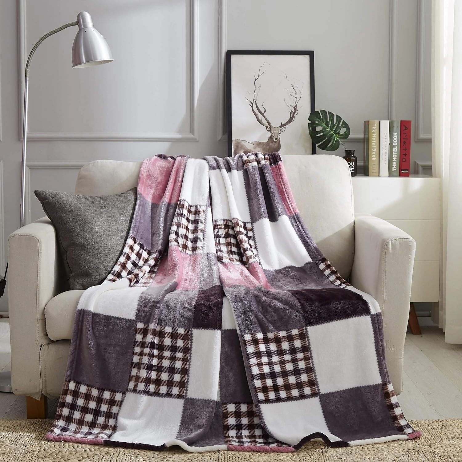 Tache Autumn Pink Purple Farmhouse Super Soft Micro Fleece Plaid Patchwork Plush Lightweight Dual-Sided Decorative Couch, Sofa, Travel, Lap, Bed Throw Blanket, 90x90, Full/Queen Size