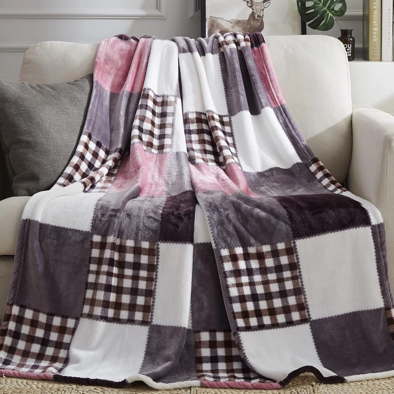 Tache Autumn Pink Purple Farmhouse Super Soft Micro Fleece Plaid Patchwork Plush Lightweight Dual-Sided Decorative Couch, Sofa, Travel, Lap, Bed Throw Blanket, 90x90, Full/Queen Size