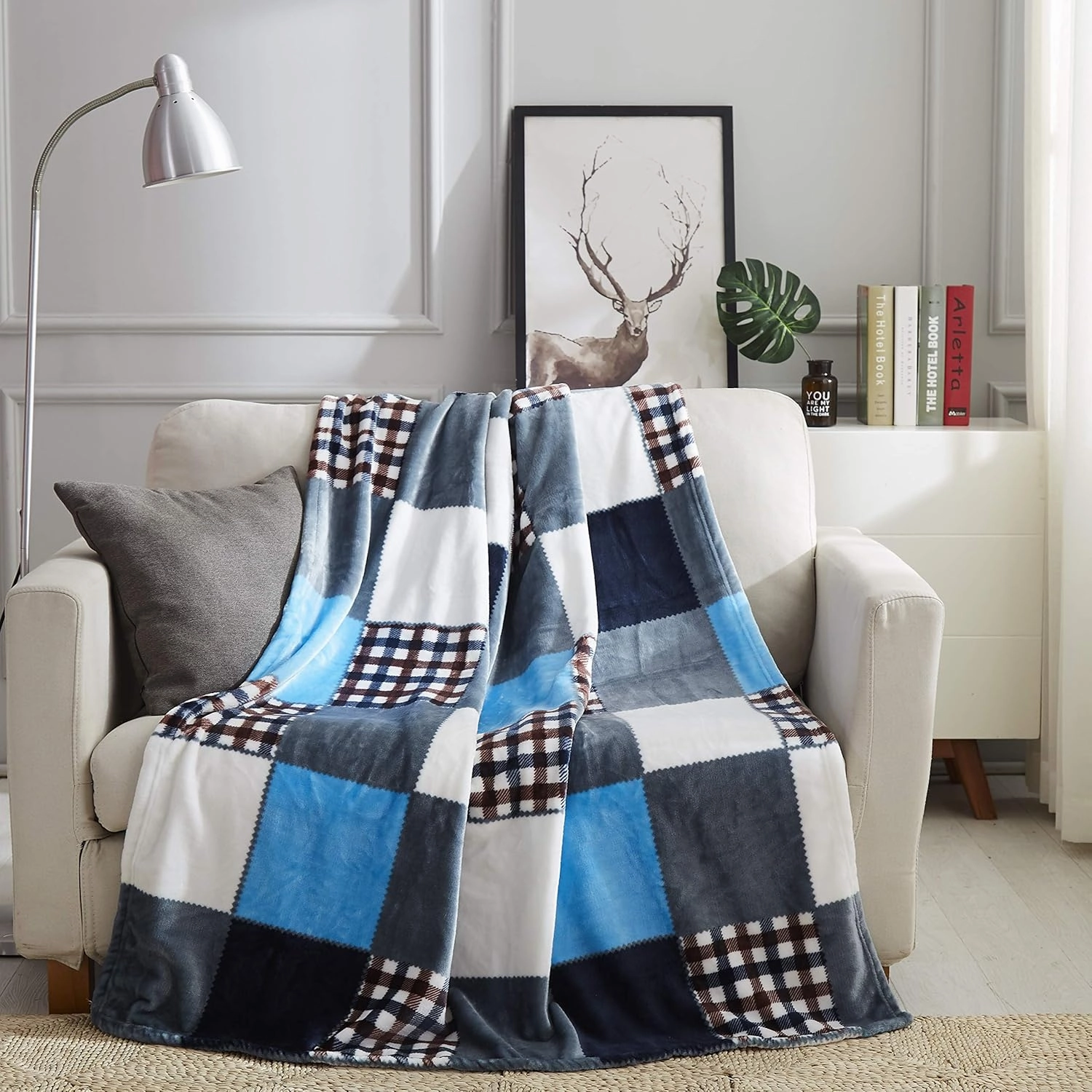 Tache Blue Lake Farmhouse Super Soft Micro Fleece Plaid Patchwork Plush Lightweight Dual-Sided Decorative Couch, Sofa, Travel, Lap, Bed Throw Blanket, 90x90, Full/Queen Size
