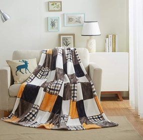 Tache Fall Orange Farmhouse Super Soft Micro Fleece Plaid Patchwork Plush Lightweight Dual-Sided Decorative Couch, Sofa, Travel, Lap, Bed Throw Blanket, 90x90, Full/Queen Size