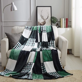 Tache Forest Green Farmhouse Super Soft Micro Fleece Plaid Patchwork Plush Lightweight Dual-Sided Decorative Couch, Sofa, Travel, Lap, Bed Throw Blanket, 90x90, Full/Queen Size