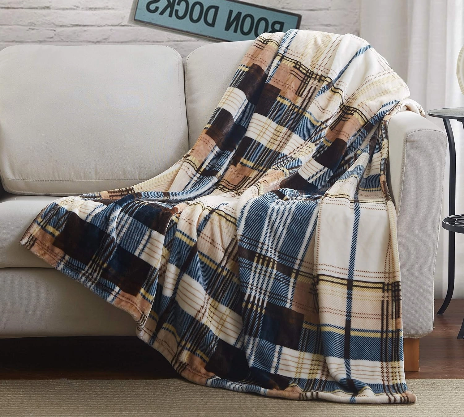 Tache Winter Cabin Blue Tan Farmhouse Super Soft Micro Fleece Tartan Plaid Plush Lightweight Dual-Sided Decorative Couch, Sofa, Travel, Lap, Bed Throw Blanket (63x90)