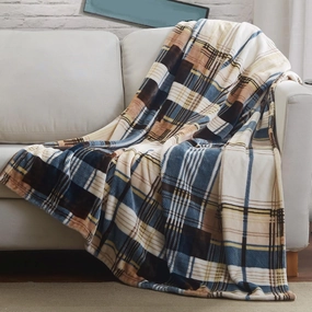 Tache Winter Cabin Blue Tan Farmhouse Super Soft Micro Fleece Tartan Plaid Plush Lightweight Dual-Sided Decorative Couch, Sofa, Travel, Lap, Bed Throw Blanket (63x90)
