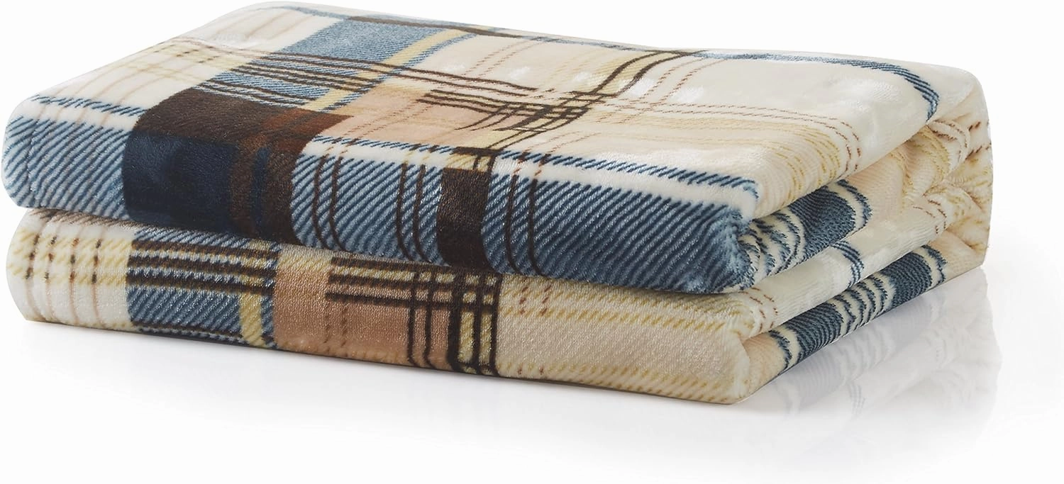 Tache Winter Cabin Blue Tan Farmhouse Super Soft Micro Fleece Tartan Plaid Plush Lightweight Dual-Sided Decorative Couch, Sofa, Travel, Lap, Bed Throw Blanket (63x90)