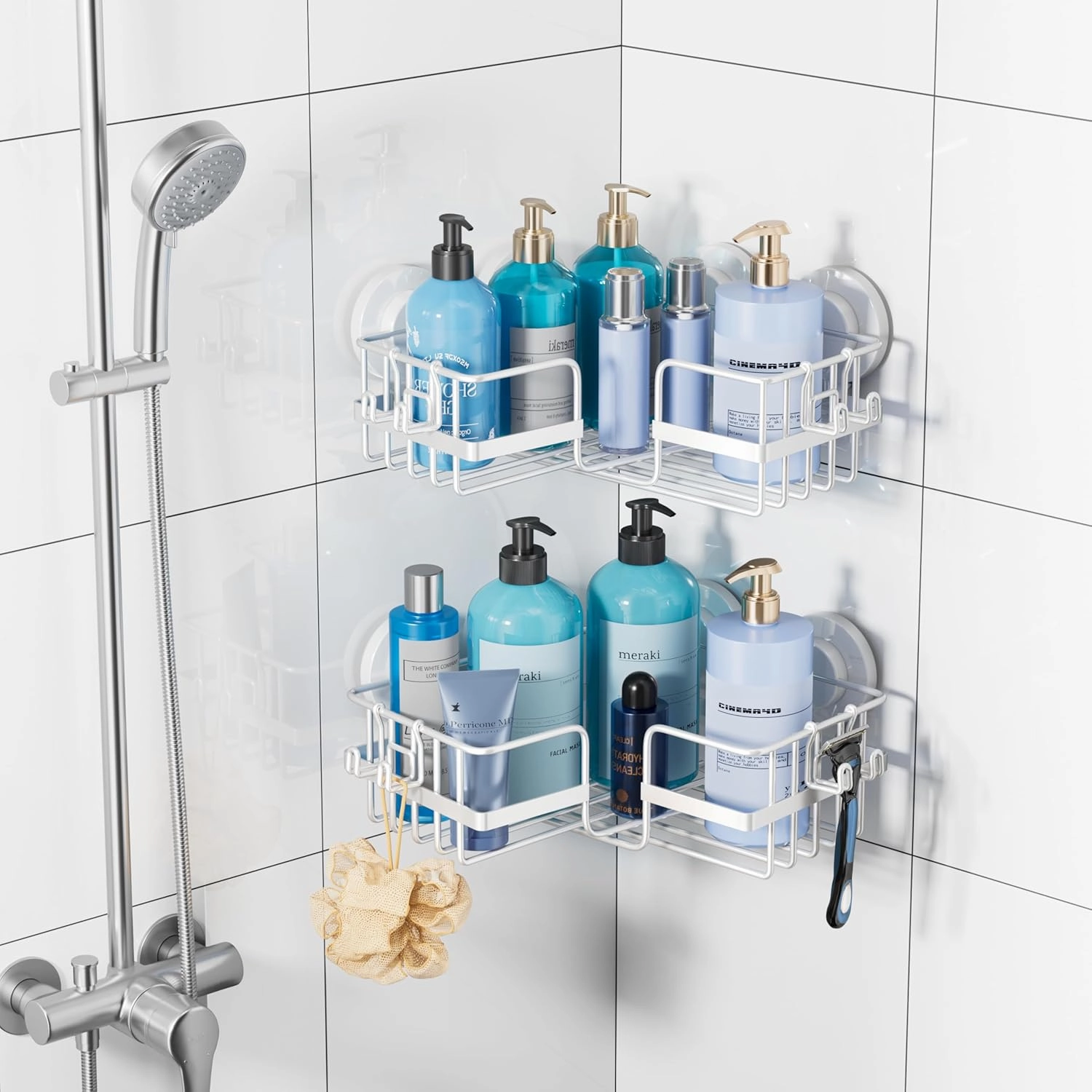 TAILI Corner-adaptive Suction Cup Shower Caddy 2 Pack, Stainless Steel Rustproof Corner Shower Shelves, Drill-Free Wall Mounted Baskets, Large Capacity Removable Suction Cup Bathroom Organizer, White