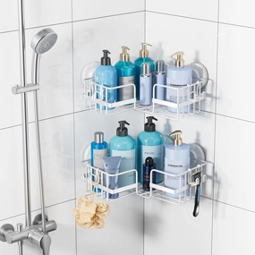 TAILI Corner-adaptive Suction Cup Shower Caddy 2 Pack, Stainless Steel Rustproof Corner Shower Shelves, Drill-Free Wall Mounted Baskets, Large Capacity Removable Suction Cup Bathroom Organizer, White