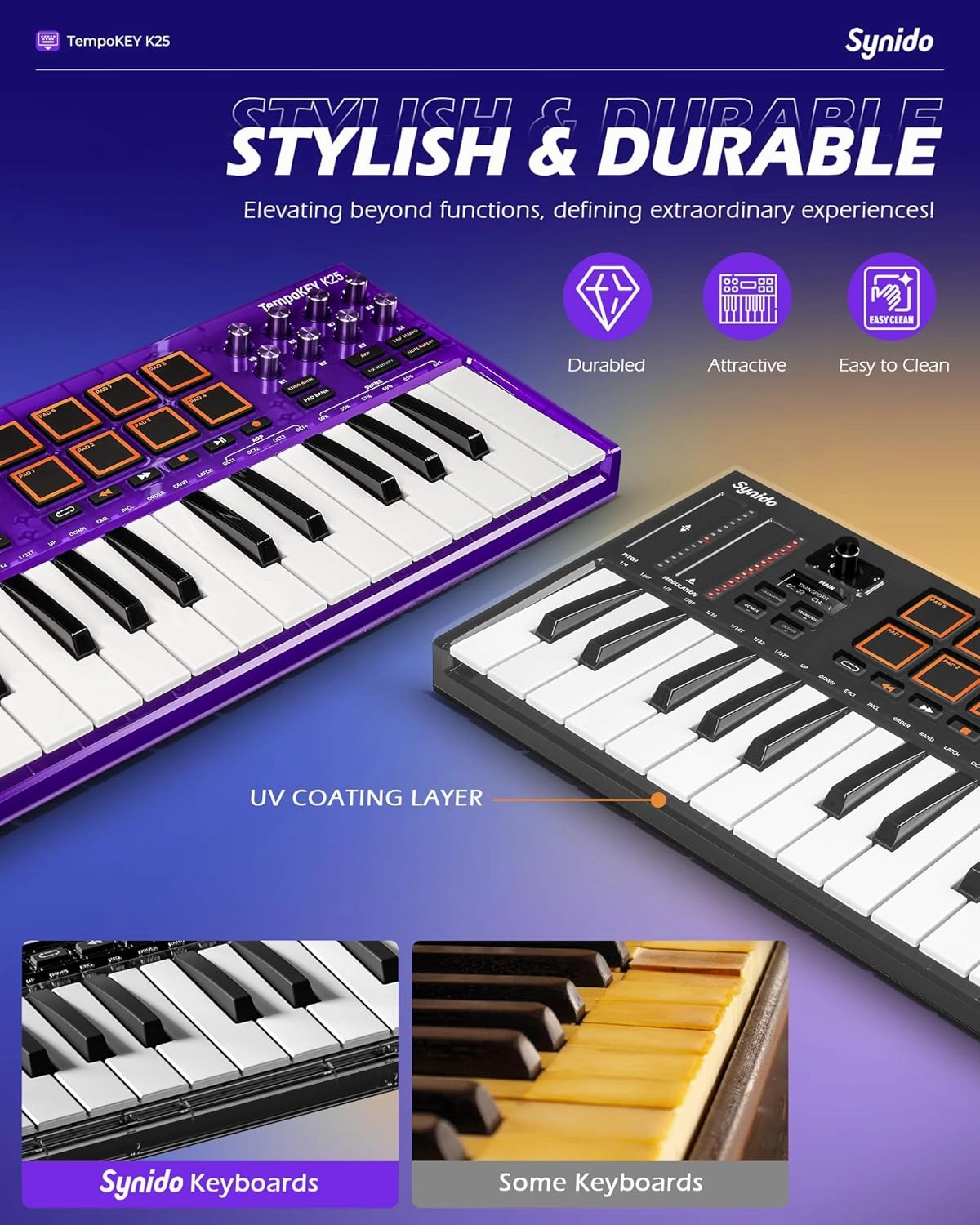 TempoKEY K25 USB C MIDI Keyboard Controller Mini 25 Key with 8 Drum Pads, Professional Small Midi Keyboard with Velocity-sensitive, OLED Screen, Beat Maker Machine for Music Production, Purple