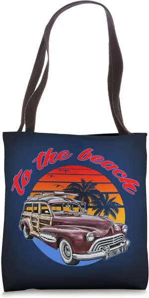 to the beach,vintage,1940s woody wagon,surfer,surfboard,sun Tote Bag