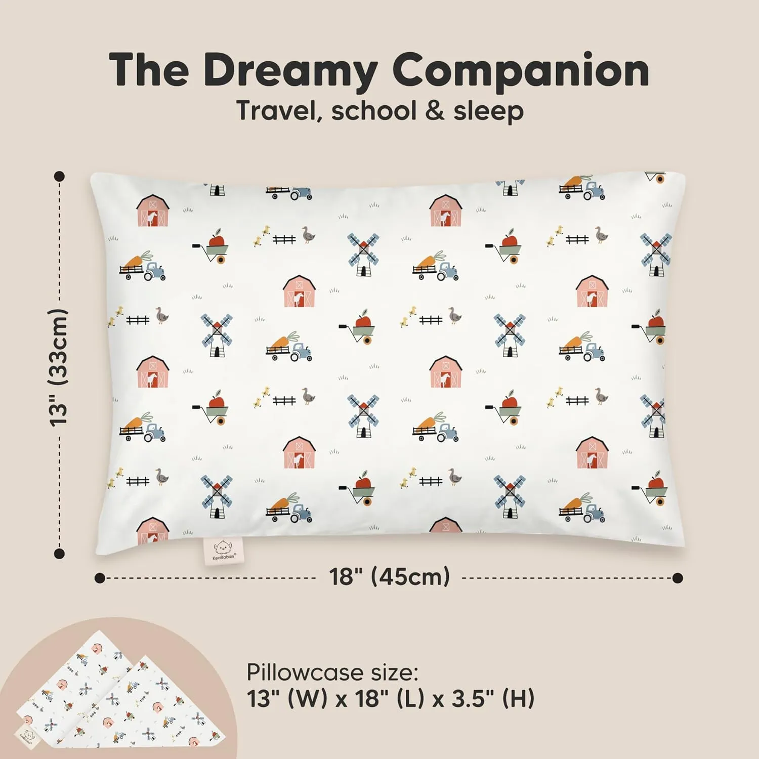 Toddler Pillow with Pillowcase - 13x18 My Little Dreamy Kids Travel Bed Pillows for Sleeping, Organic Cotton Small Pillowcase, Soft & Breathable, Machine Washable, Toddlers 2-5 Years Old (Barn)