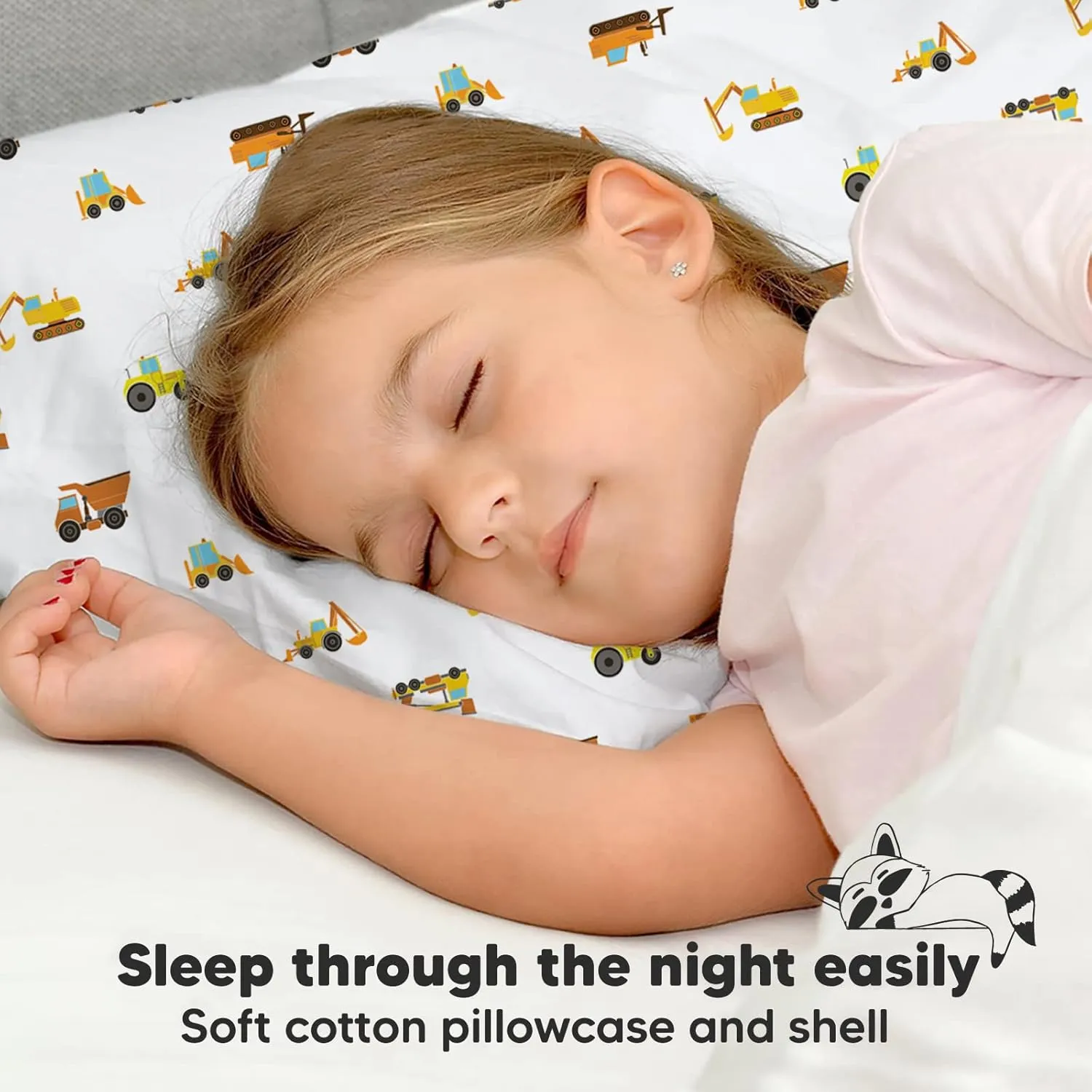 Toddler Pillow with Pillowcase - 13x18 My Little Dreamy Kids Travel Bed Pillows for Sleeping, Organic Cotton Small Pillowcase, Soft & Breathable, Machine Washable, Toddlers 2-5 years old(Construction)