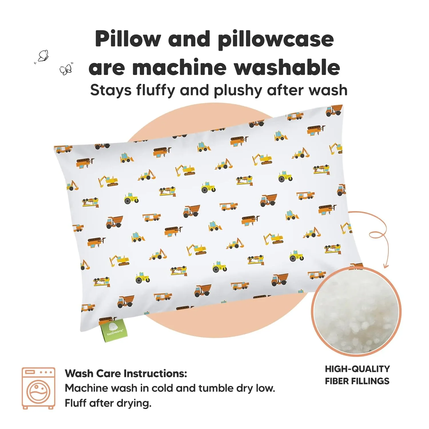 Toddler Pillow with Pillowcase - 13x18 My Little Dreamy Kids Travel Bed Pillows for Sleeping, Organic Cotton Small Pillowcase, Soft & Breathable, Machine Washable, Toddlers 2-5 years old(Construction)