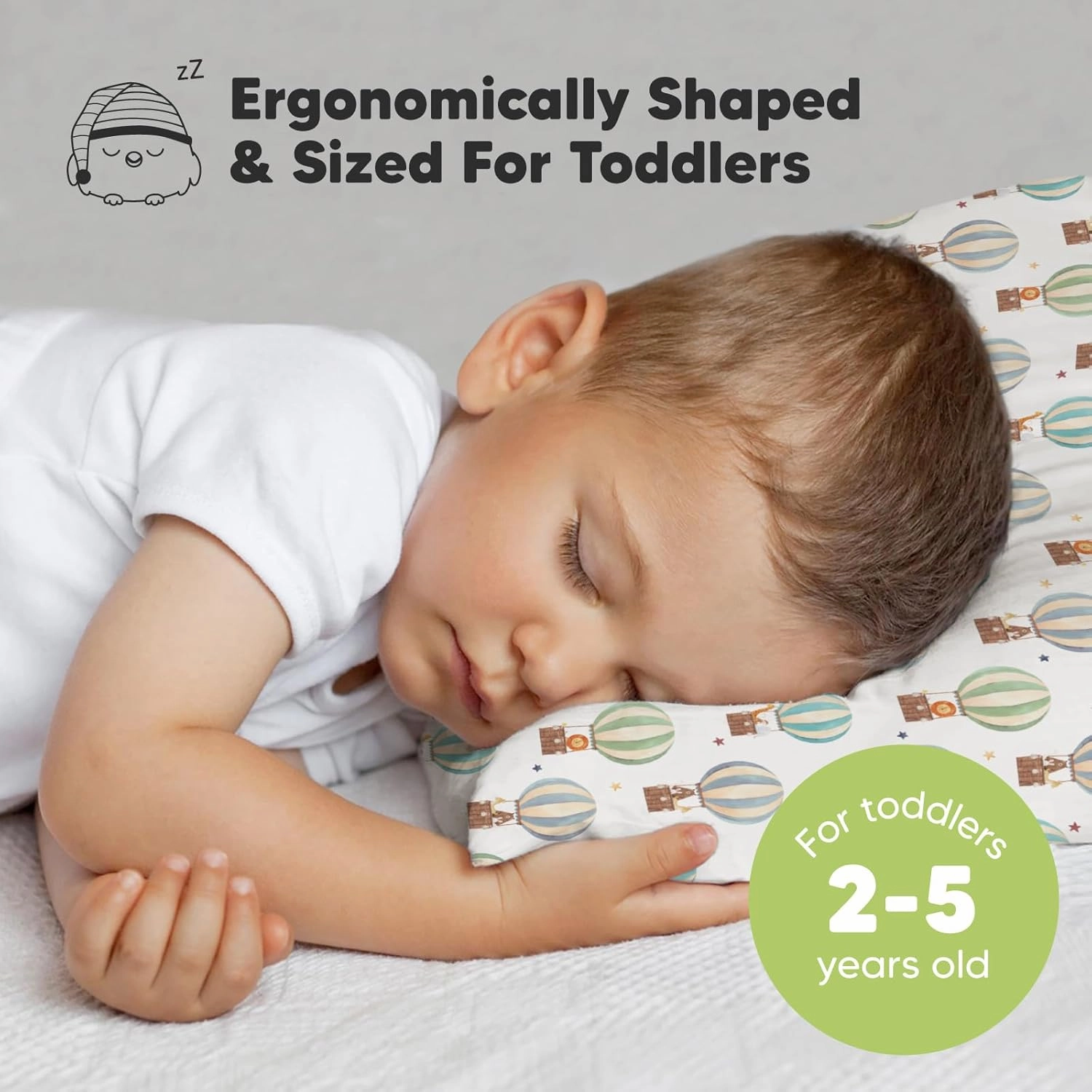 Toddler Pillow with Pillowcase - 13x18 My Little Dreamy Kids Travel Bed Pillows for Sleeping, Organic Cotton Small Pillowcase, Soft & Breathable, Machine Washable, Toddlers 2-5 (Hot Air Balloon)