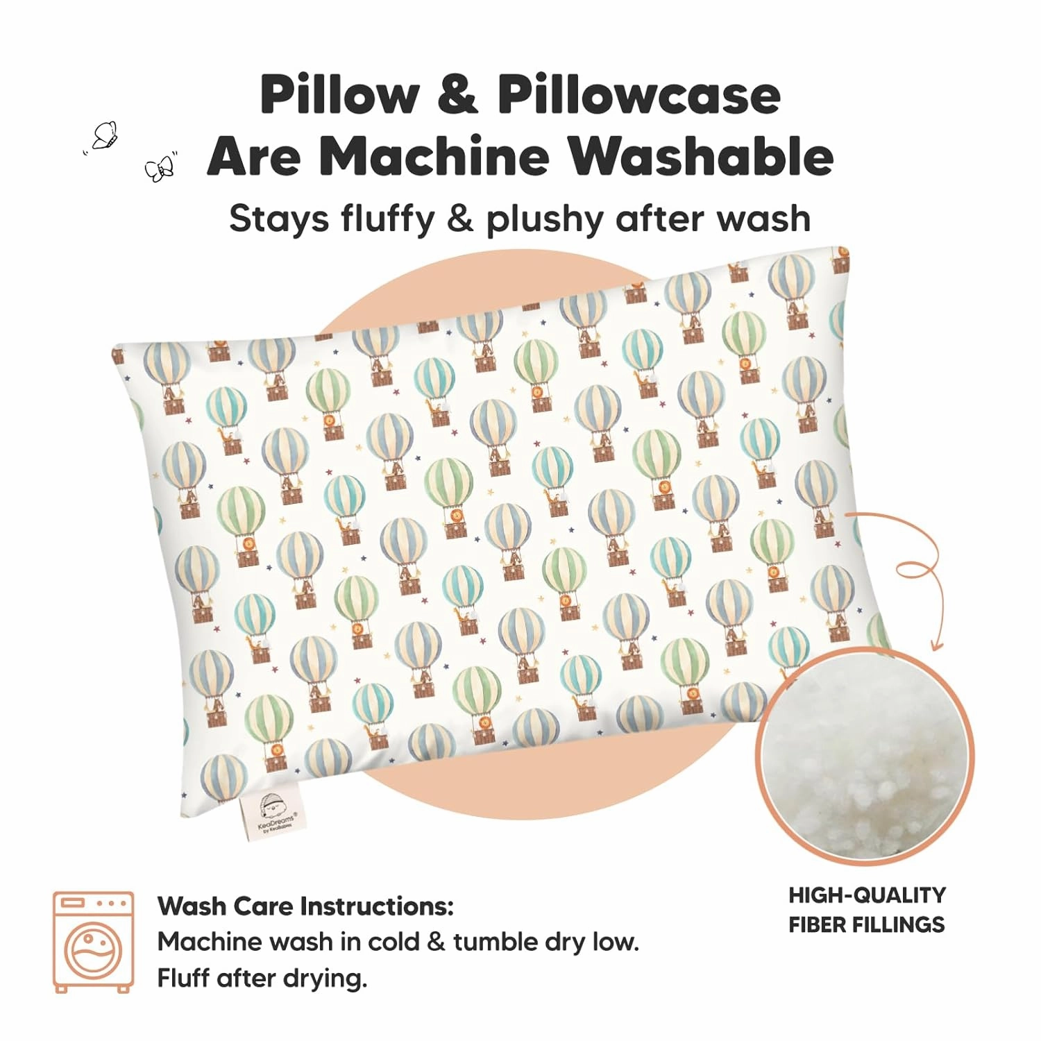 Toddler Pillow with Pillowcase - 13x18 My Little Dreamy Kids Travel Bed Pillows for Sleeping, Organic Cotton Small Pillowcase, Soft & Breathable, Machine Washable, Toddlers 2-5 (Hot Air Balloon)
