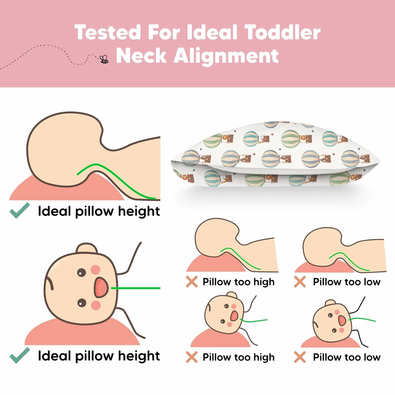 Toddler Pillow with Pillowcase - 13x18 My Little Dreamy Kids Travel Bed Pillows for Sleeping, Organic Cotton Small Pillowcase, Soft & Breathable, Machine Washable, Toddlers 2-5 (Hot Air Balloon)