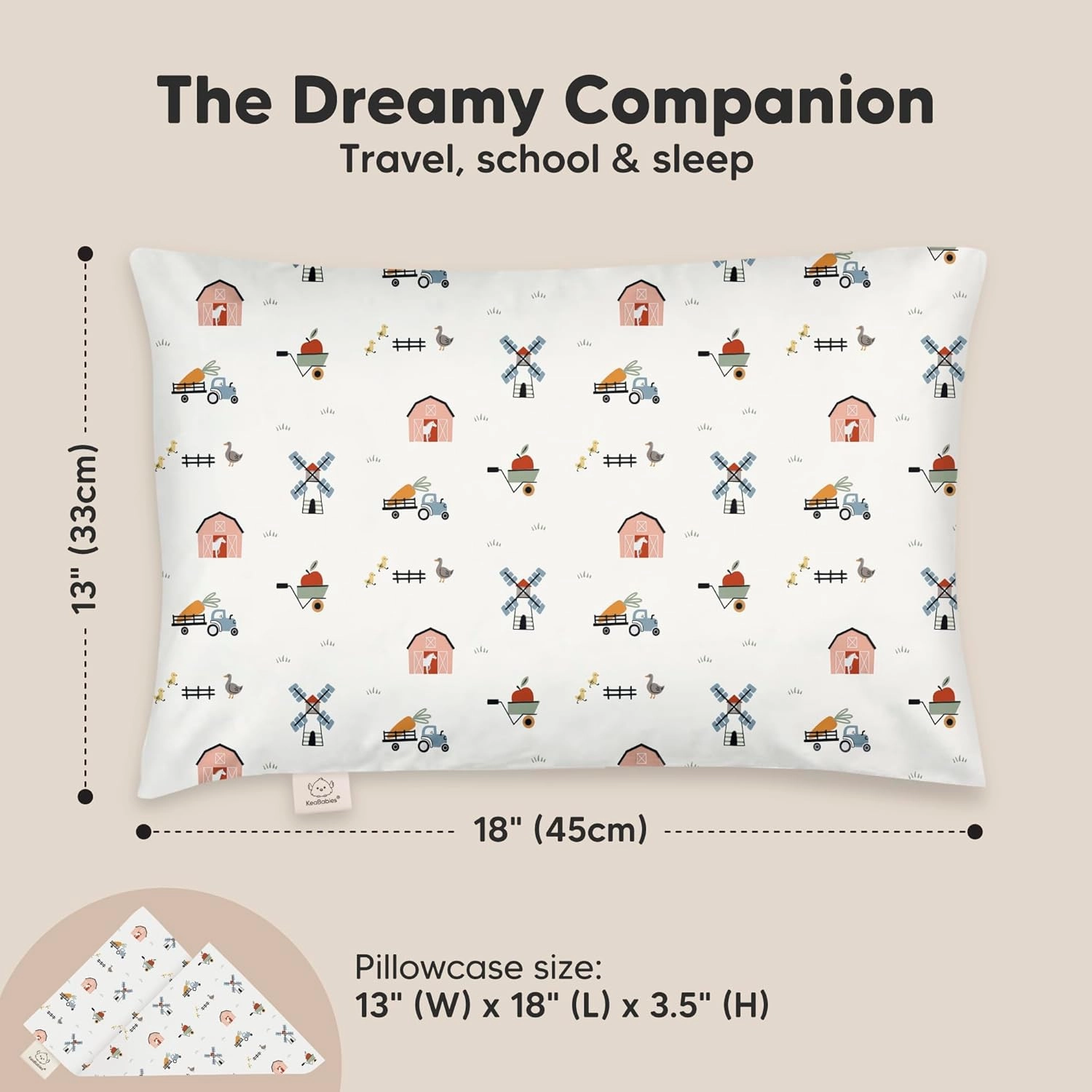 Toddler Pillow with Pillowcase - 13x18 My Little Dreamy Kids Travel Bed Pillows for Sleeping, Organic Cotton Small Pillowcase, Soft & Breathable, Machine Washable, Toddlers 2-5 Years Old (Barn)