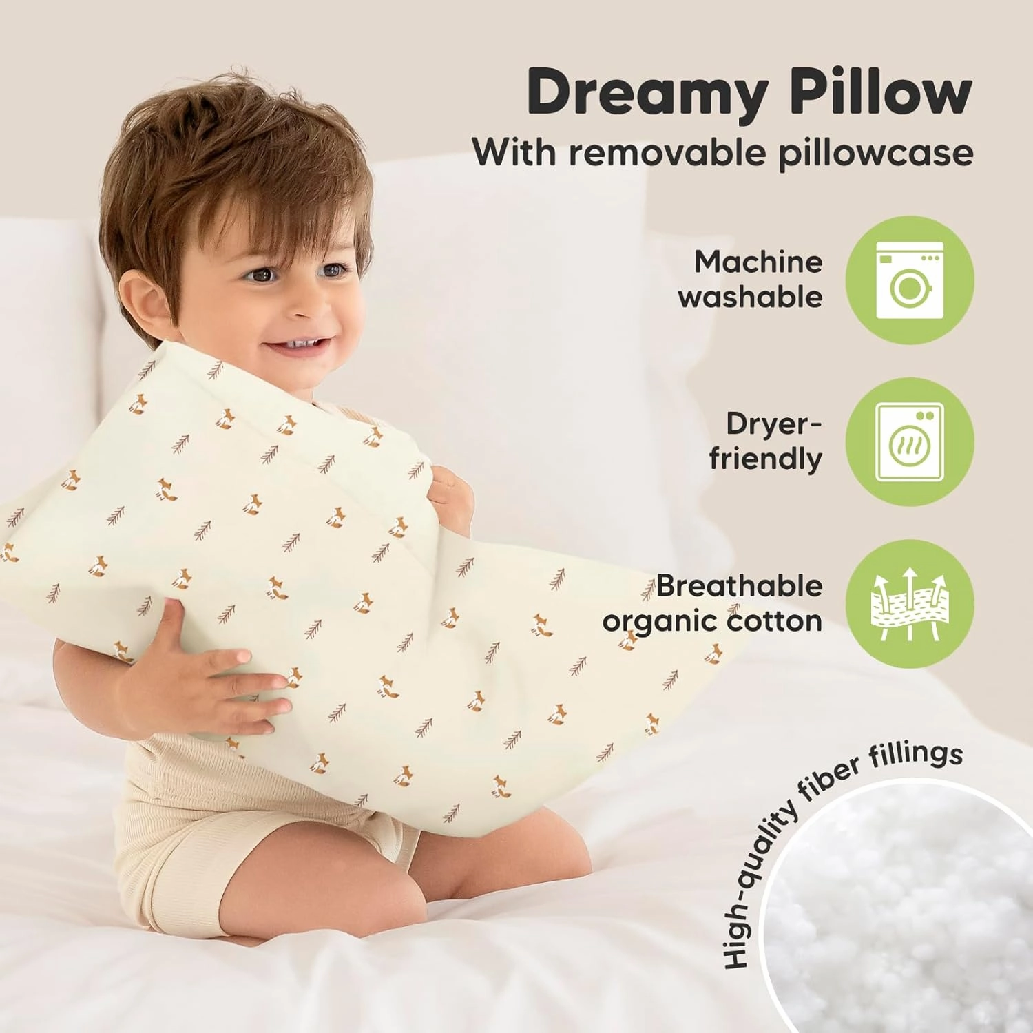 Toddler Pillow with Pillowcase - 13x18 My Little Dreamy Kids Travel Bed Pillows for Sleeping, Organic Cotton Small Pillowcase, Soft & Breathable, Machine Washable, Toddlers 2-5 Years Old (Fox Tales)