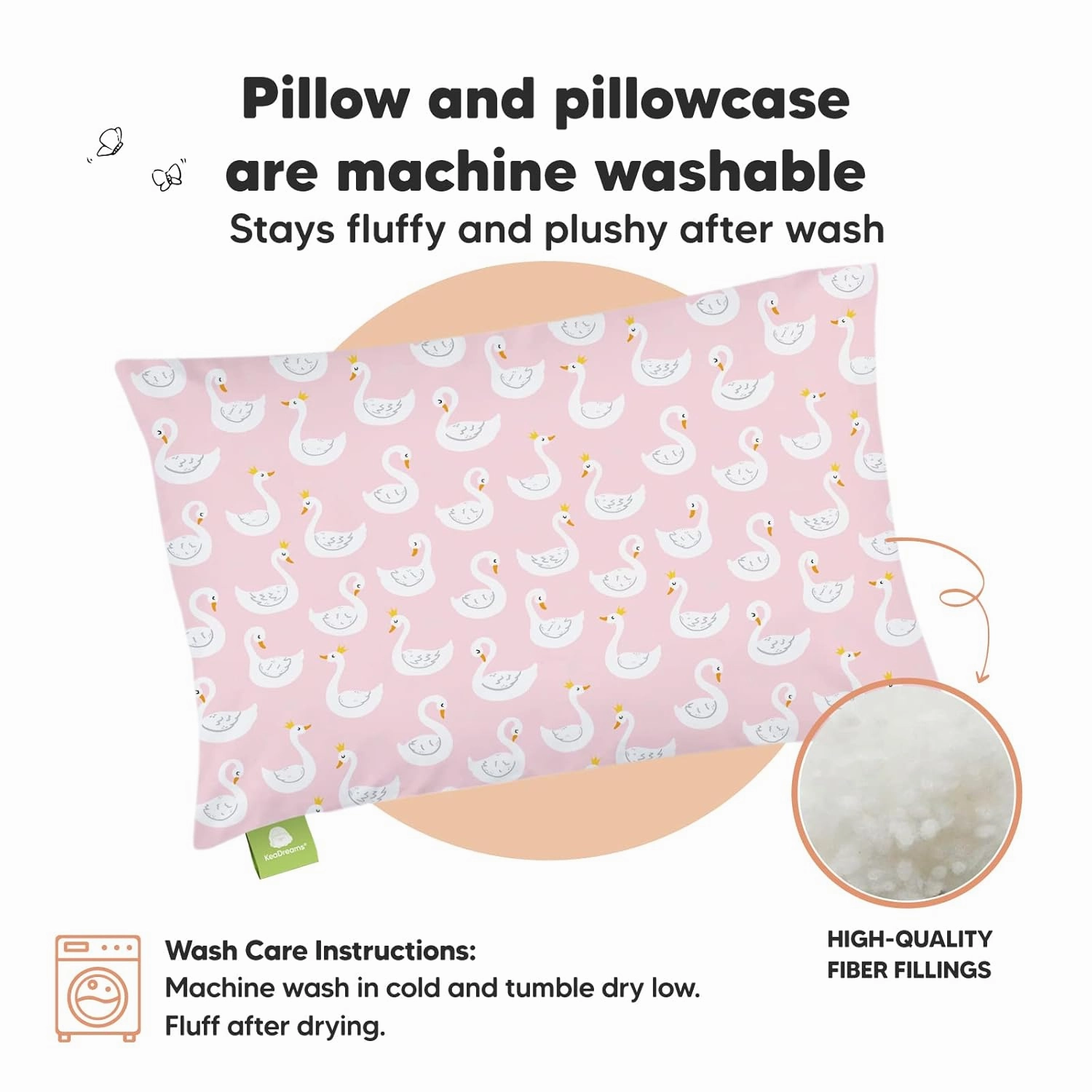 Toddler Pillow with Pillowcase - 13x18 My Little Dreamy Kids Travel Bed Pillows for Sleeping, Organic Cotton Small Pillowcase, Soft & Breathable, Machine Washable, Toddlers 2-5 Years Old (Swan Lake)