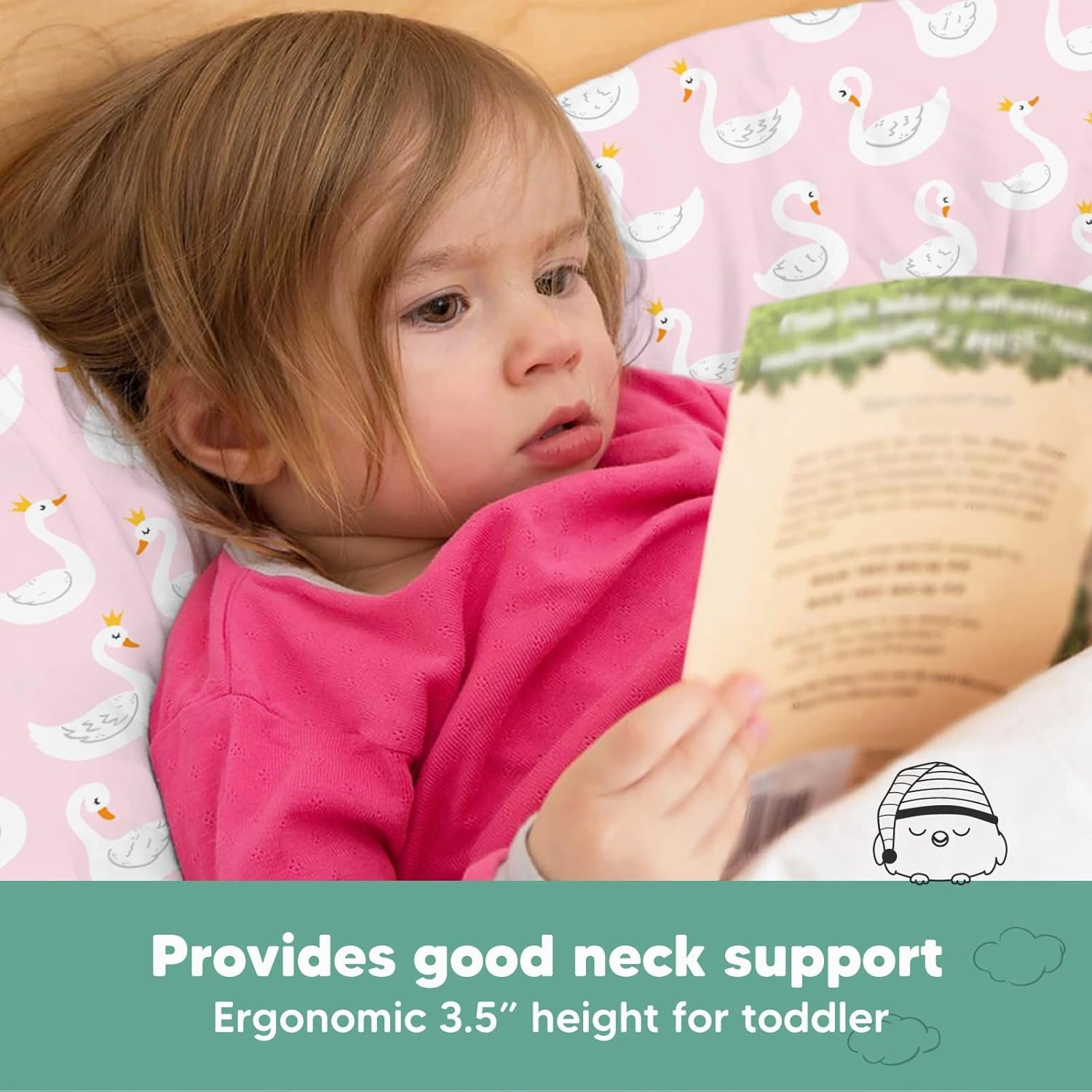 Toddler Pillow with Pillowcase - 13x18 My Little Dreamy Kids Travel Bed Pillows for Sleeping, Organic Cotton Small Pillowcase, Soft & Breathable, Machine Washable, Toddlers 2-5 Years Old (Swan Lake)
