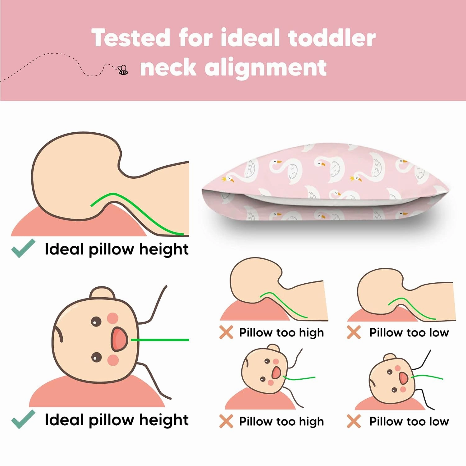 Toddler Pillow with Pillowcase - 13x18 My Little Dreamy Kids Travel Bed Pillows for Sleeping, Organic Cotton Small Pillowcase, Soft & Breathable, Machine Washable, Toddlers 2-5 Years Old (Swan Lake)