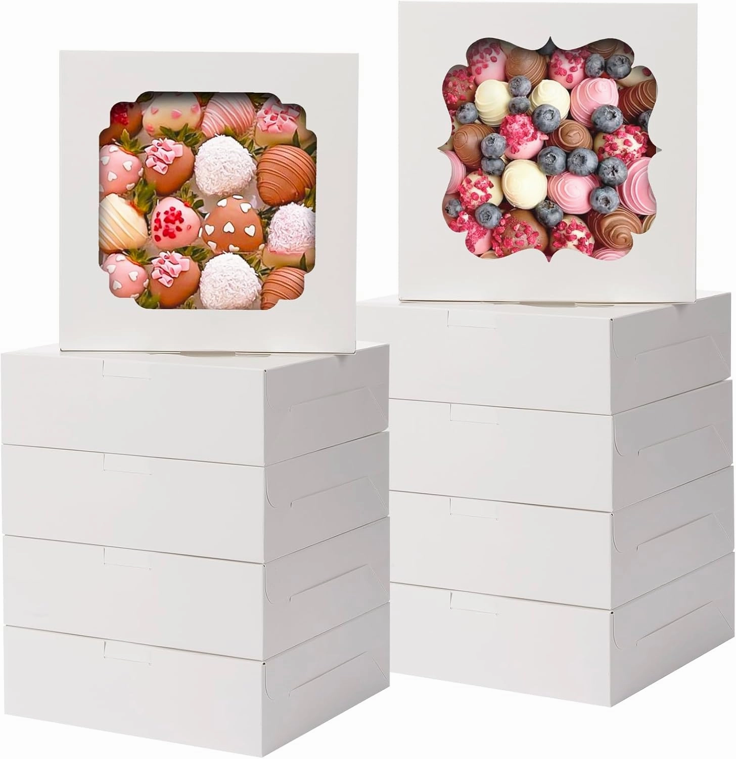 TOMNK 60pcs Cookie Boxes, 8x8x2.5 Inches Bakery Boxes with 2 Style Windows for Father's Day, Chocolate Strawberries, Pie, Pastry, Dessert, Cake