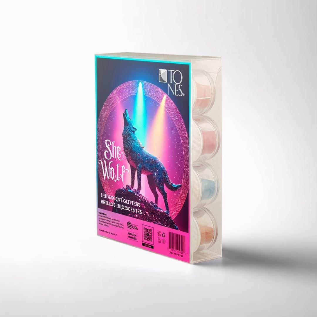 Tones Pro Iridescent Glitter Collection She Wolf (12 x 0.25oz) - Holographic Nail Art Flakes Foil Sequins for Manicure and Nail Decorations