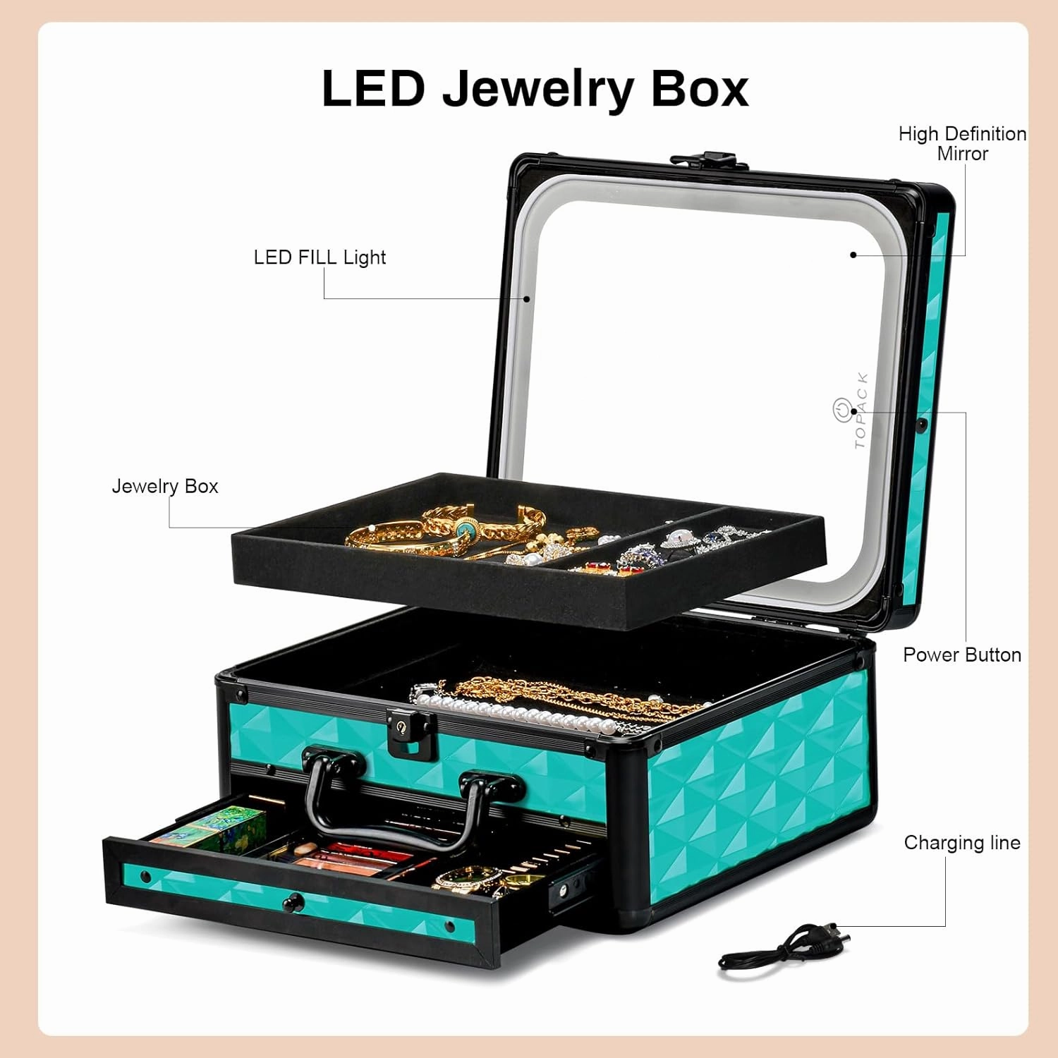 TOPACK Makeup Cases with Led Mirror, Portable Makeup Box Make Up Case with Mirror Makeup Travel Case Makeup Box Travel Jewelry Case Organizer-Water Cube